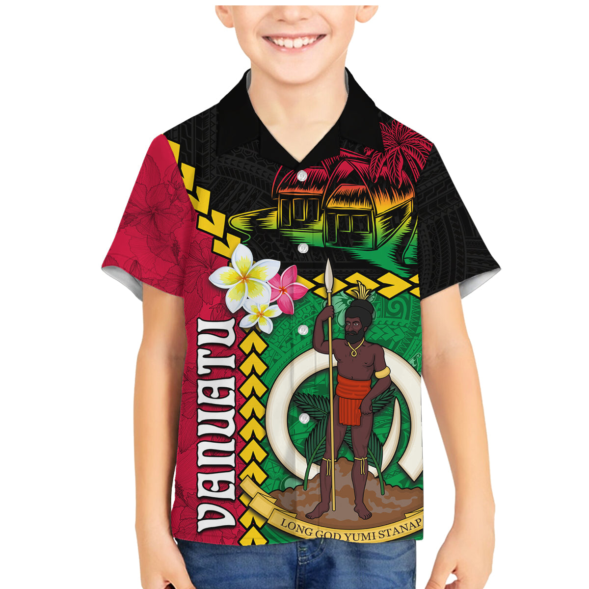 Vanuatu Nakamal and Plumeria Flowers Family Matching Mermaid Dress and Hawaiian Shirt Polynesian Pattern LT03 Son's Shirt Black - Polynesian Pride