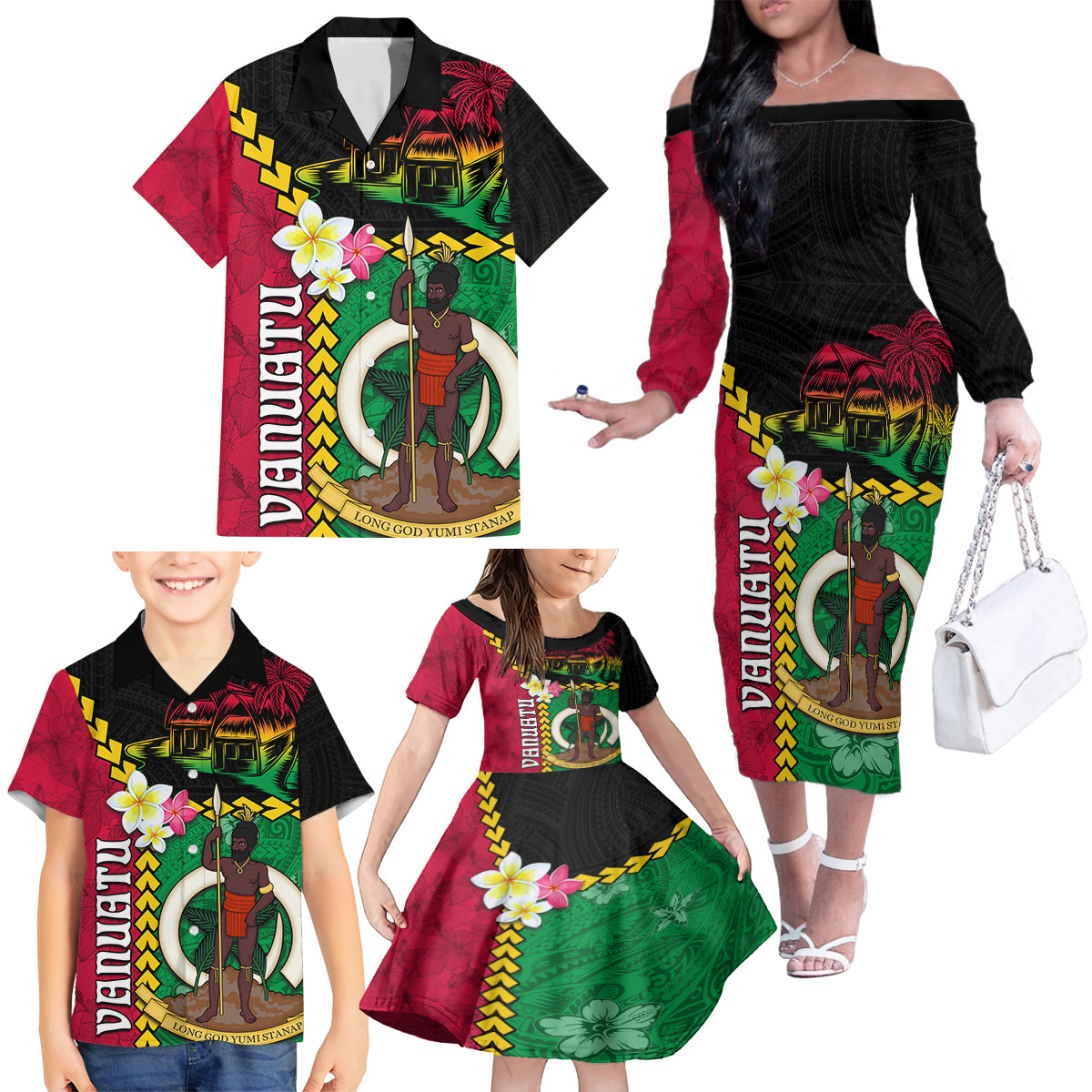 Vanuatu Nakamal and Plumeria Flowers Family Matching Off The Shoulder Long Sleeve Dress and Hawaiian Shirt Polynesian Pattern LT03 - Polynesian Pride