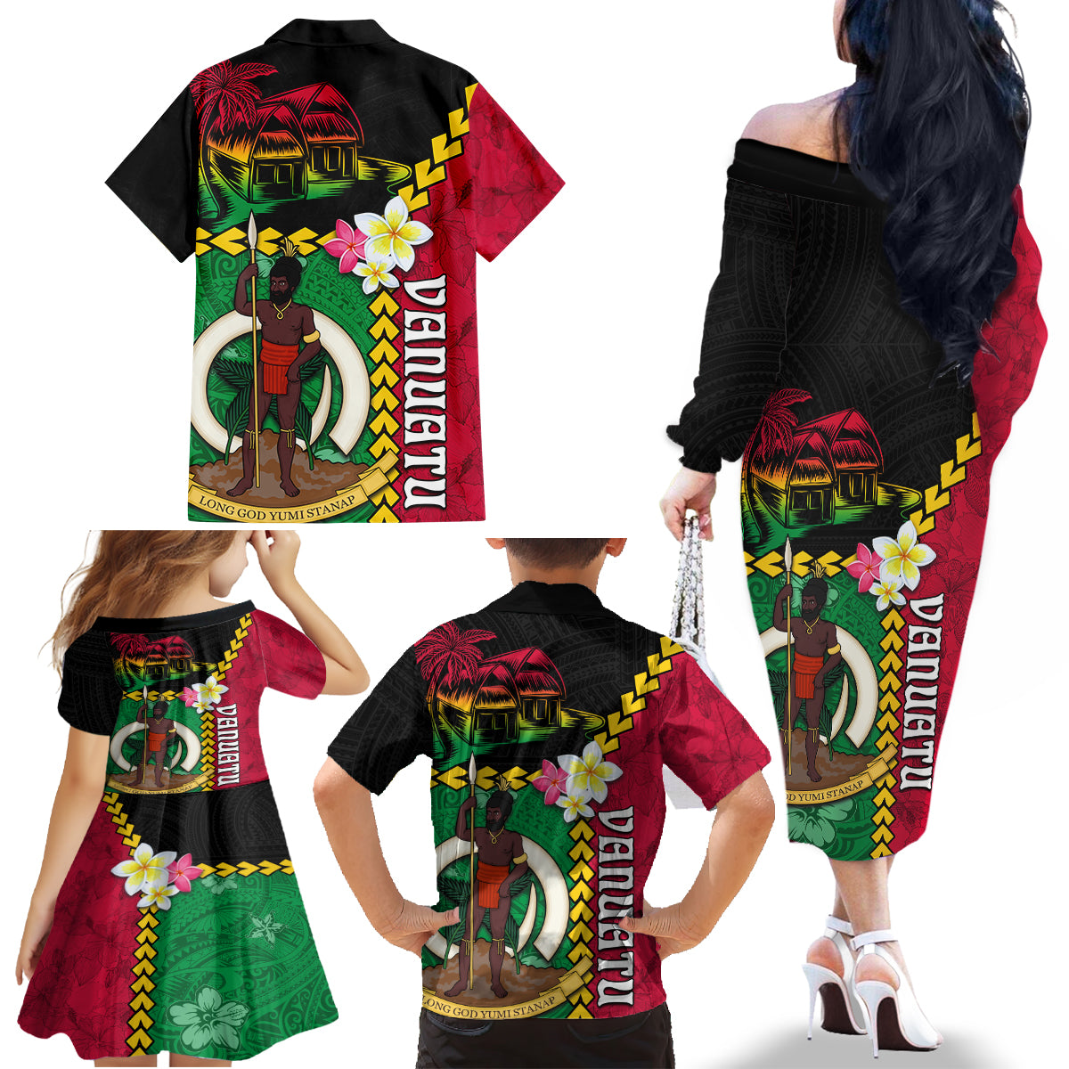 Vanuatu Nakamal and Plumeria Flowers Family Matching Off The Shoulder Long Sleeve Dress and Hawaiian Shirt Polynesian Pattern LT03 - Polynesian Pride
