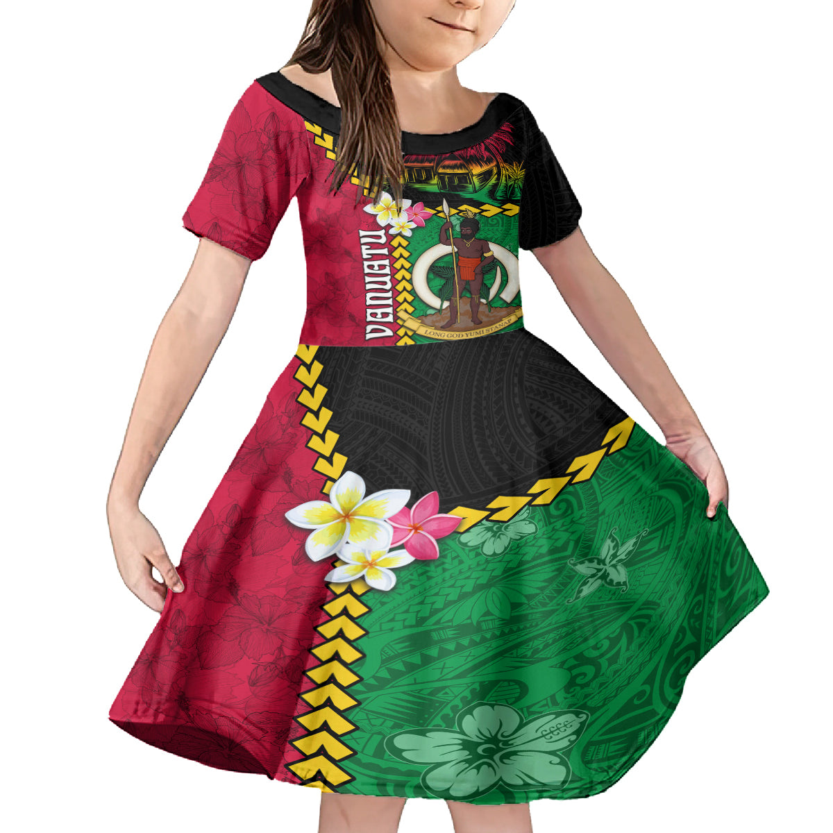 Vanuatu Nakamal and Plumeria Flowers Family Matching Off Shoulder Maxi Dress and Hawaiian Shirt Polynesian Pattern LT03 Daughter's Dress Black - Polynesian Pride