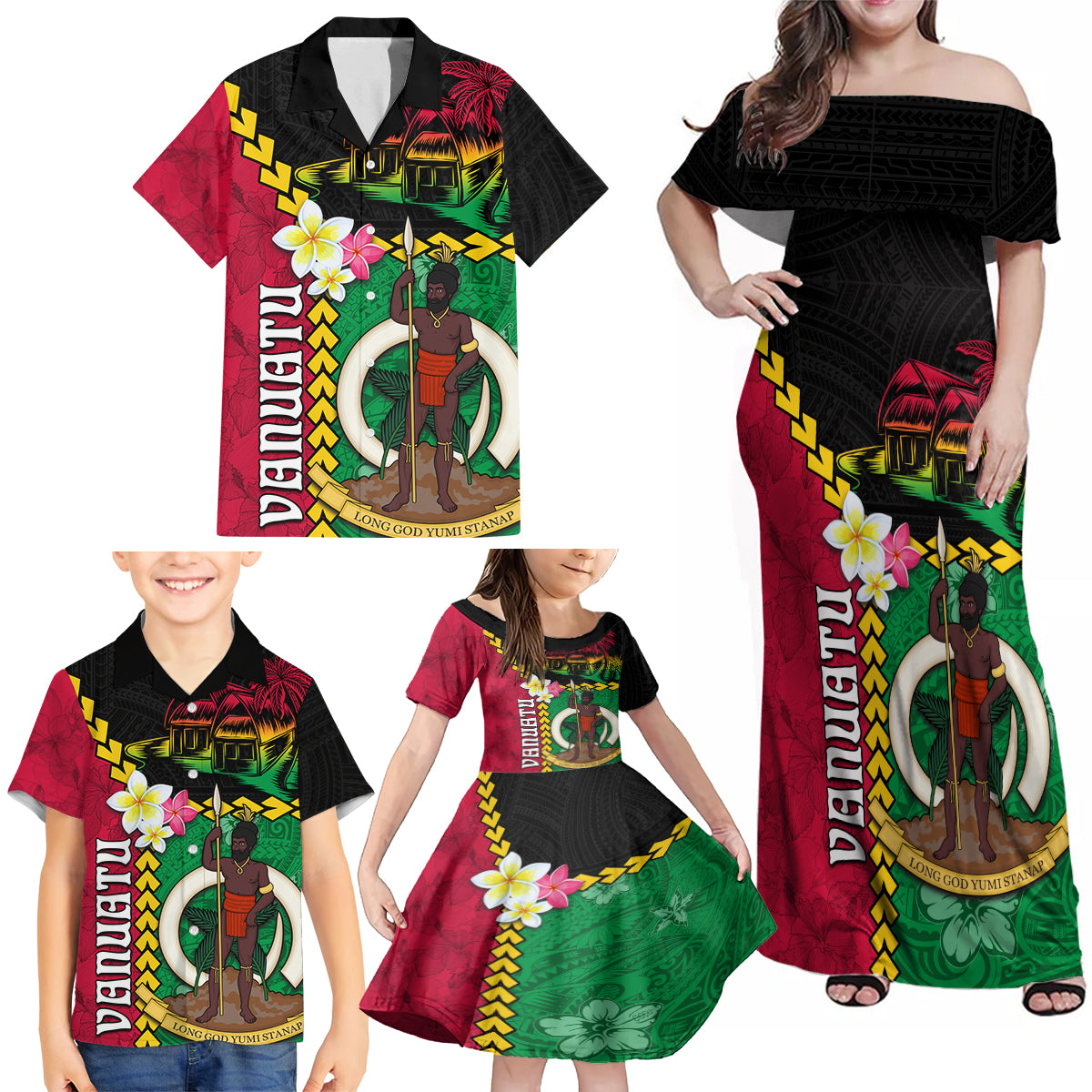 Vanuatu Nakamal and Plumeria Flowers Family Matching Off Shoulder Maxi Dress and Hawaiian Shirt Polynesian Pattern LT03 - Polynesian Pride