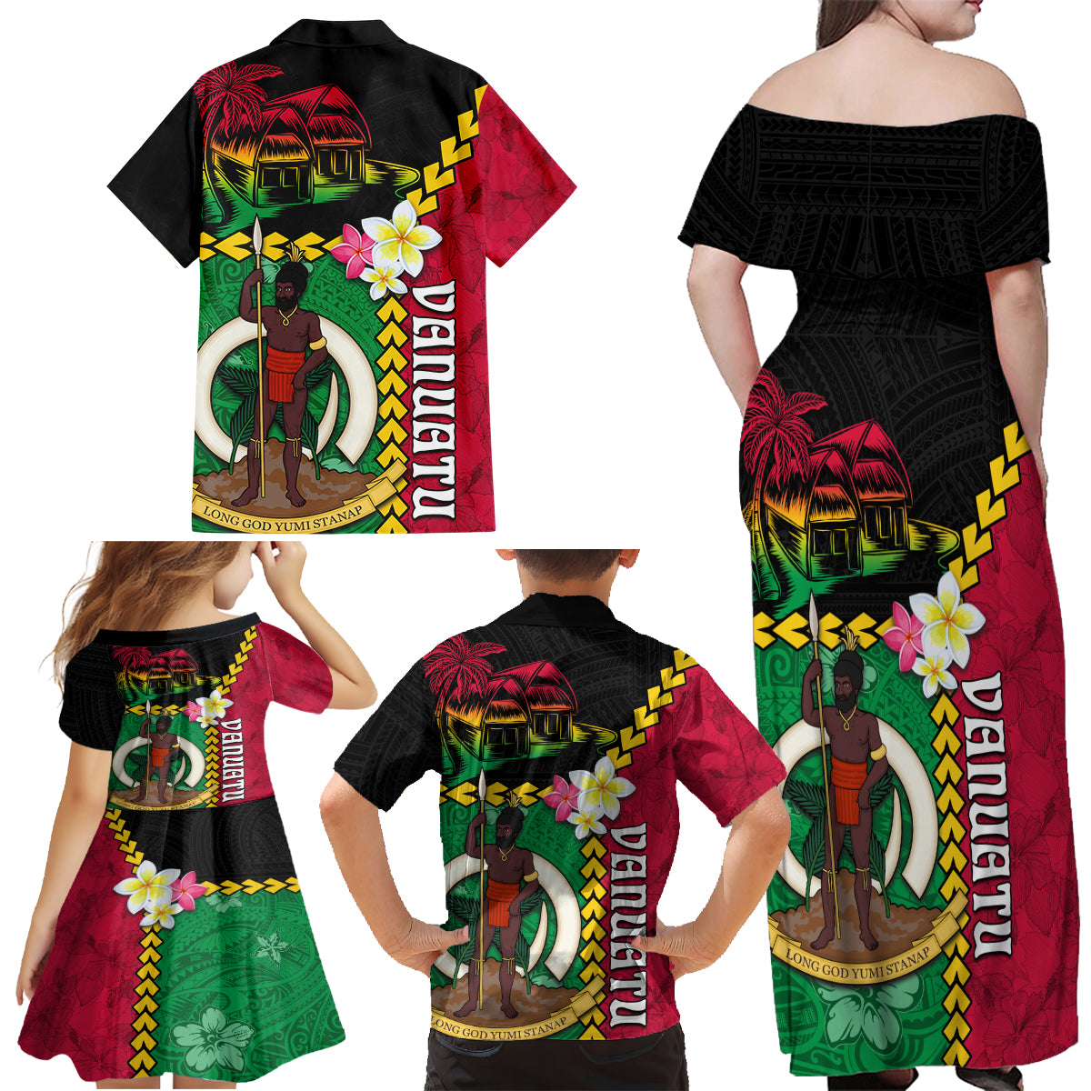 Vanuatu Nakamal and Plumeria Flowers Family Matching Off Shoulder Maxi Dress and Hawaiian Shirt Polynesian Pattern LT03 - Polynesian Pride