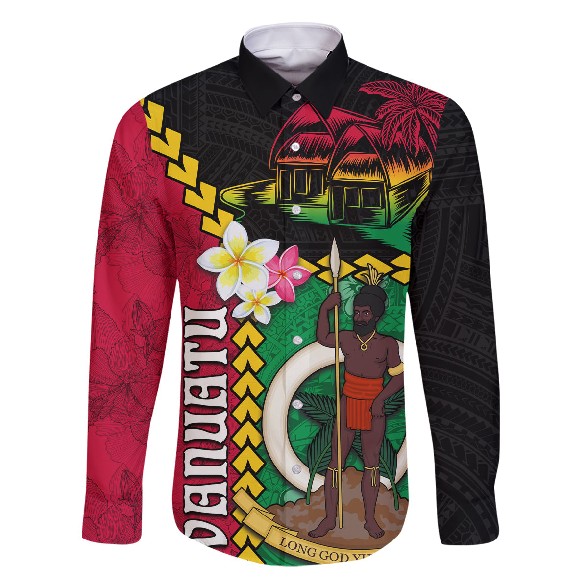 Vanuatu Nakamal and Plumeria Flowers Family Matching Off Shoulder Maxi Dress and Hawaiian Shirt Polynesian Pattern LT03 Dad's Shirt - Long Sleeve Black - Polynesian Pride