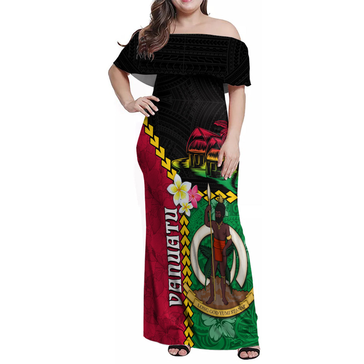 Vanuatu Nakamal and Plumeria Flowers Family Matching Off Shoulder Maxi Dress and Hawaiian Shirt Polynesian Pattern LT03 Mom's Dress Black - Polynesian Pride