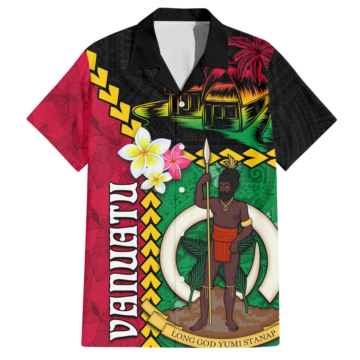 Vanuatu Nakamal and Plumeria Flowers Family Matching Short Sleeve Bodycon Dress and Hawaiian Shirt Polynesian Pattern LT03 Dad's Shirt - Short Sleeve Black - Polynesian Pride