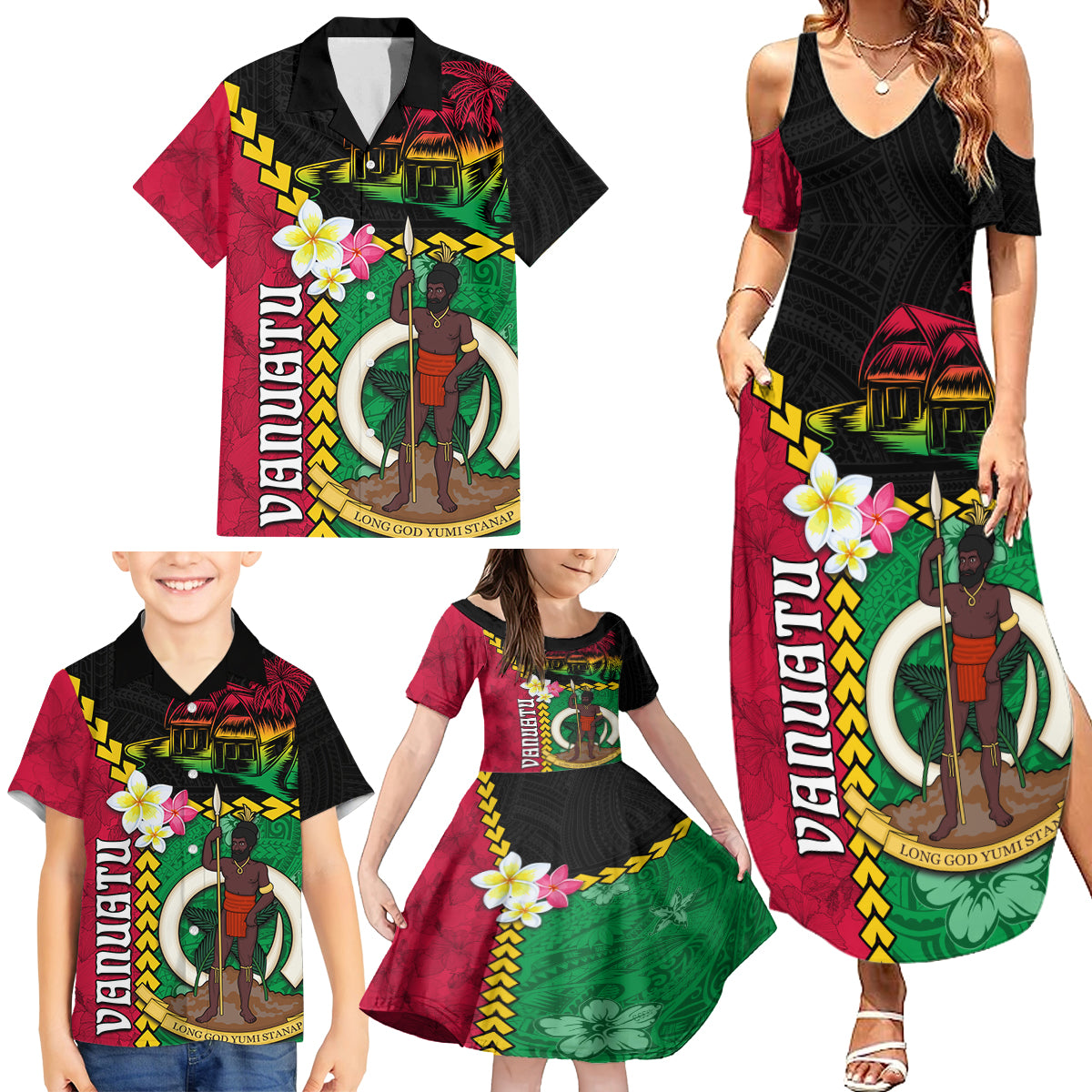 Vanuatu Nakamal and Plumeria Flowers Family Matching Summer Maxi Dress and Hawaiian Shirt Polynesian Pattern LT03 - Polynesian Pride