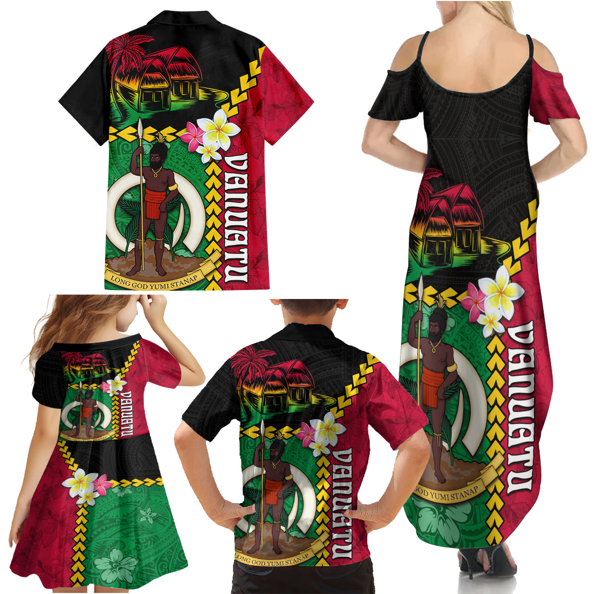 Vanuatu Nakamal and Plumeria Flowers Family Matching Summer Maxi Dress and Hawaiian Shirt Polynesian Pattern LT03 - Polynesian Pride