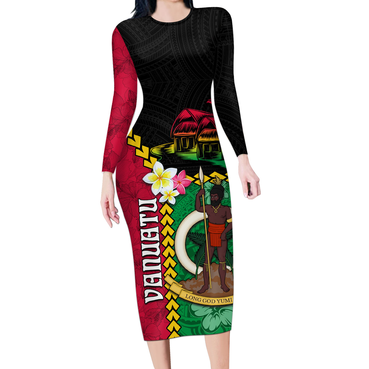 Vanuatu Nakamal and Plumeria Flowers Long Sleeve Bodycon Dress Polynesian Pattern LT03 Long Dress Black - Polynesian Pride