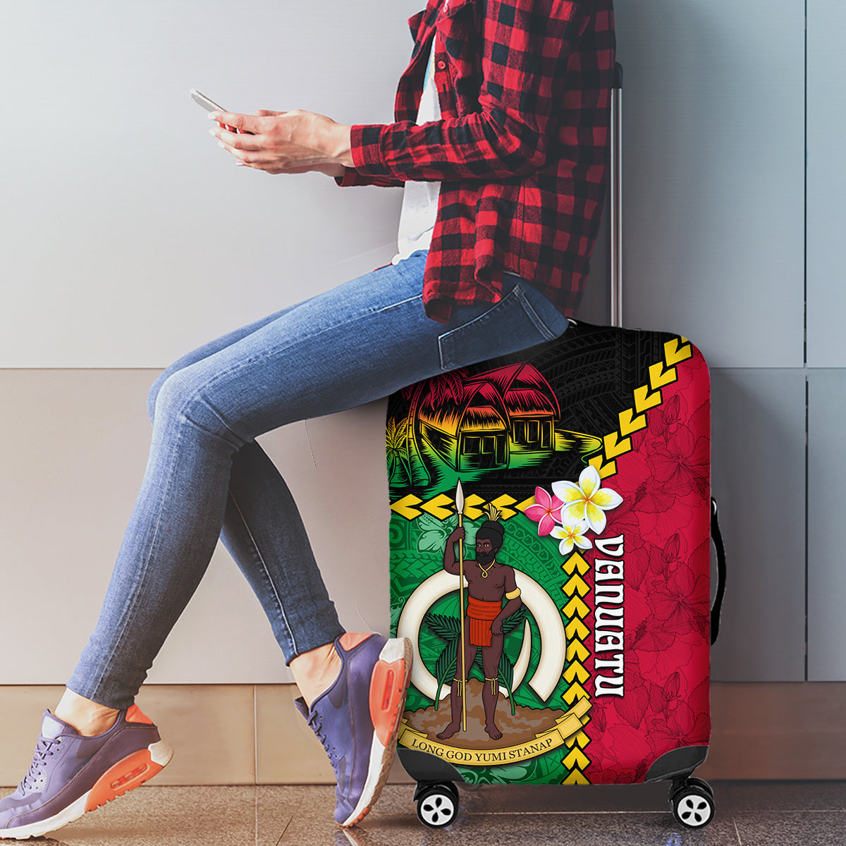 Vanuatu Nakamal and Plumeria Flowers Luggage Cover Polynesian Pattern LT03 - Polynesian Pride