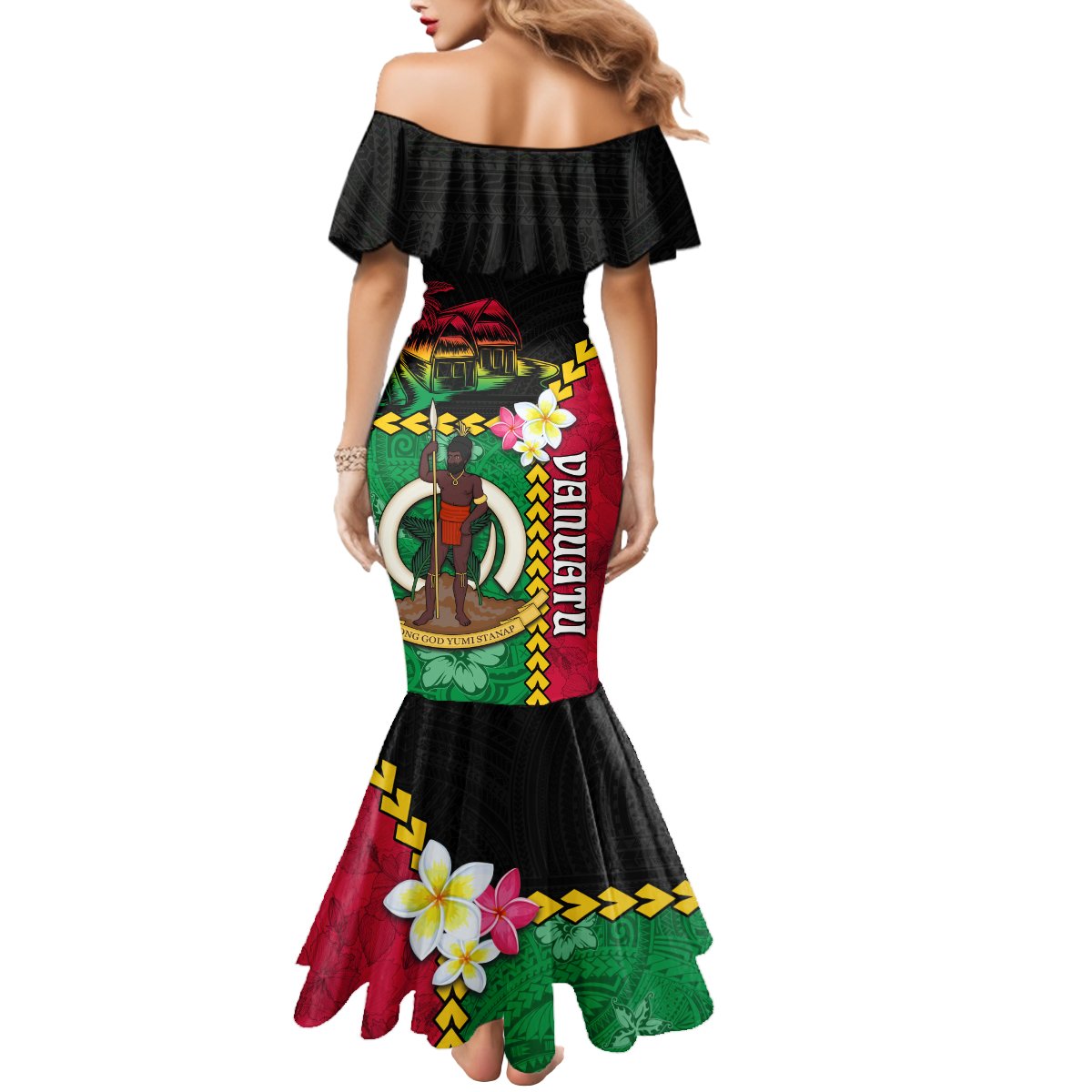 Vanuatu Nakamal and Plumeria Flowers Mermaid Dress Polynesian Pattern
