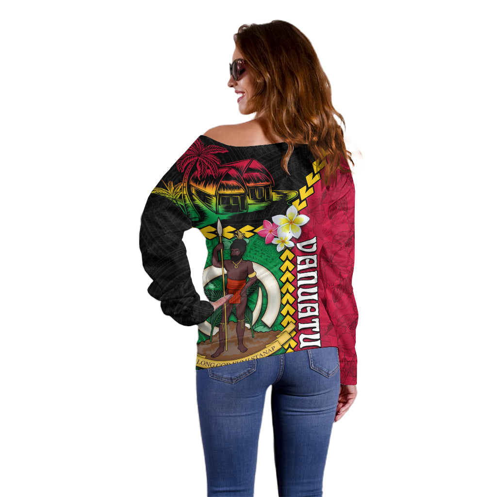 Vanuatu Nakamal and Plumeria Flowers Off Shoulder Sweater Polynesian Pattern