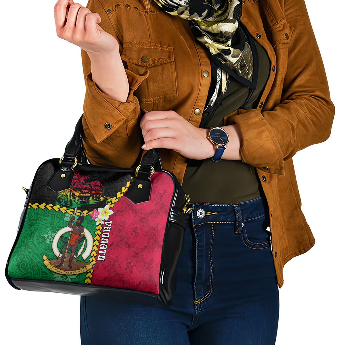 Vanuatu Nakamal and Plumeria Flowers Shoulder Handbag Polynesian Pattern
