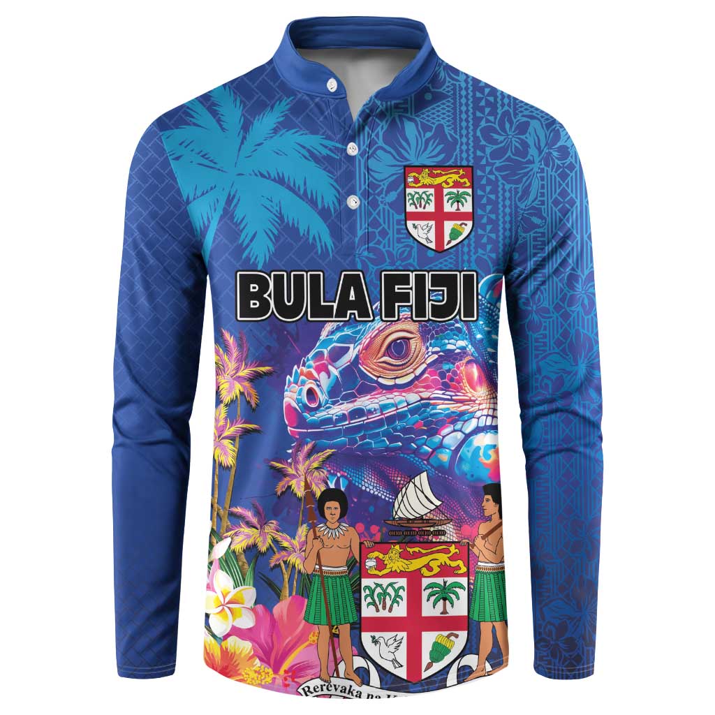 Fiji Bula Button Sweatshirt Tropical Plants with Palm Tree and Iguana Colorful LT03 Blue - Polynesian Pride