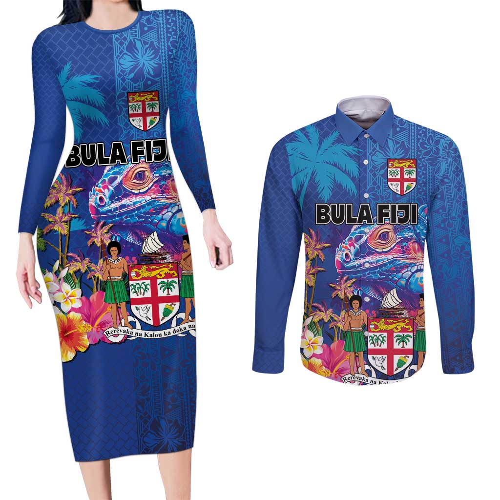 Fiji Bula Couples Matching Long Sleeve Bodycon Dress and Long Sleeve Button Shirt Tropical Plants with Palm Tree and Iguana Colorful LT03 Blue - Polynesian Pride