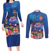 Fiji Bula Couples Matching Long Sleeve Bodycon Dress and Long Sleeve Button Shirt Tropical Plants with Palm Tree and Iguana Colorful LT03 Blue - Polynesian Pride