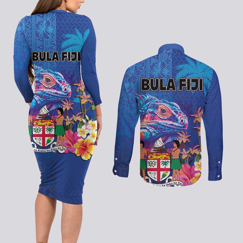 Fiji Bula Couples Matching Long Sleeve Bodycon Dress and Long Sleeve Button Shirt Tropical Plants with Palm Tree and Iguana Colorful LT03 - Polynesian Pride
