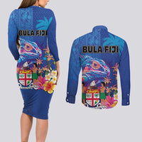 Fiji Bula Couples Matching Long Sleeve Bodycon Dress and Long Sleeve Button Shirt Tropical Plants with Palm Tree and Iguana Colorful LT03 - Polynesian Pride