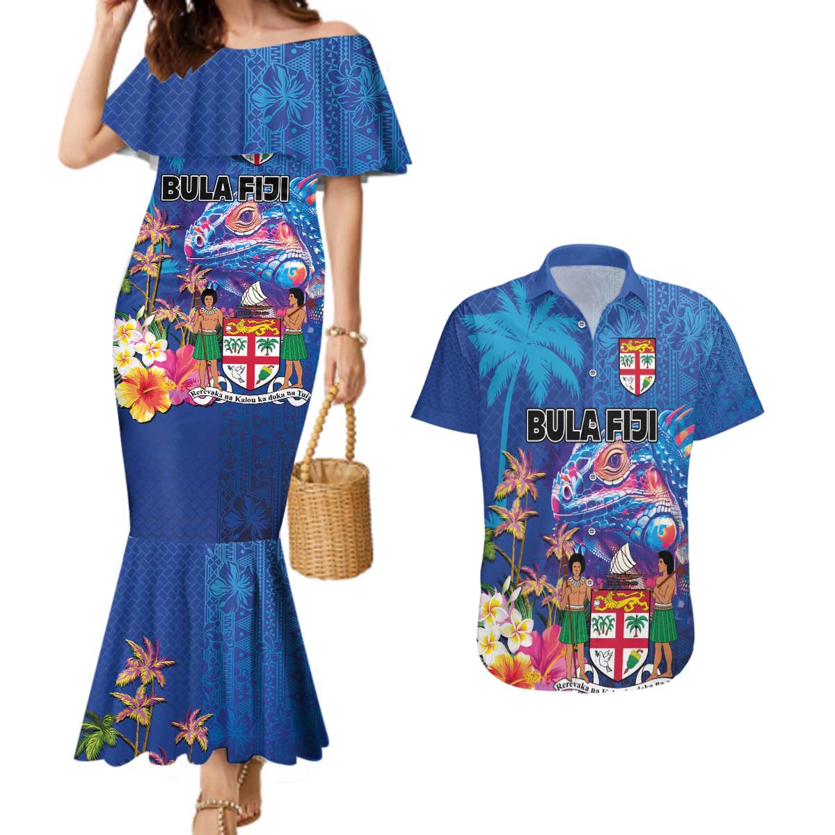 Fiji Bula Couples Matching Mermaid Dress and Hawaiian Shirt Tropical Plants with Palm Tree and Iguana Colorful LT03 Blue - Polynesian Pride
