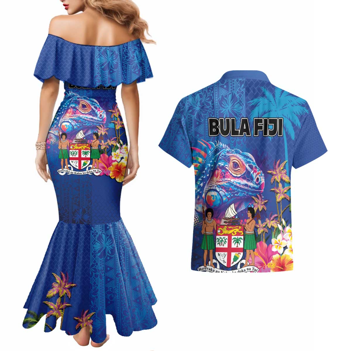 Fiji Bula Couples Matching Mermaid Dress and Hawaiian Shirt Tropical Plants with Palm Tree and Iguana Colorful LT03 - Polynesian Pride