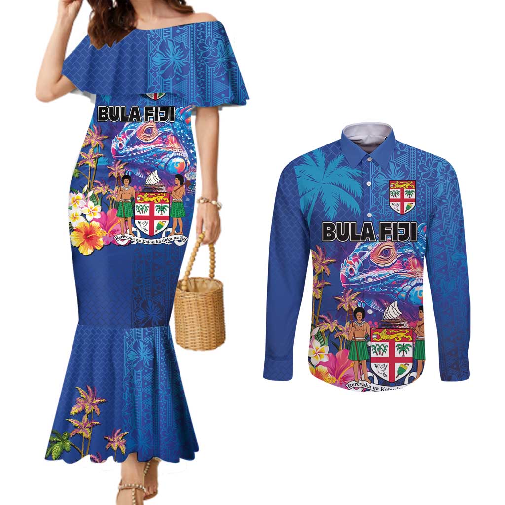 Fiji Bula Couples Matching Mermaid Dress and Long Sleeve Button Shirt Tropical Plants with Palm Tree and Iguana Colorful LT03 Blue - Polynesian Pride