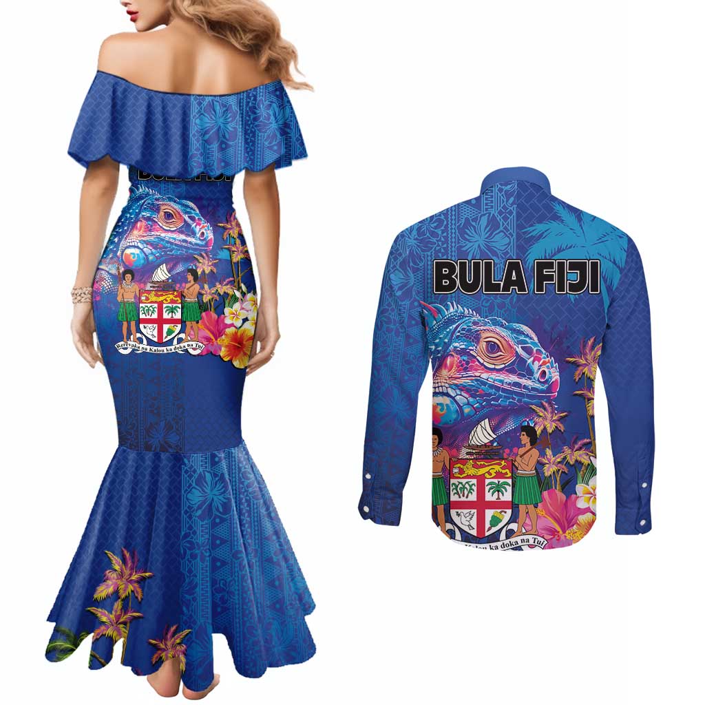 Fiji Bula Couples Matching Mermaid Dress and Long Sleeve Button Shirt Tropical Plants with Palm Tree and Iguana Colorful LT03 - Polynesian Pride