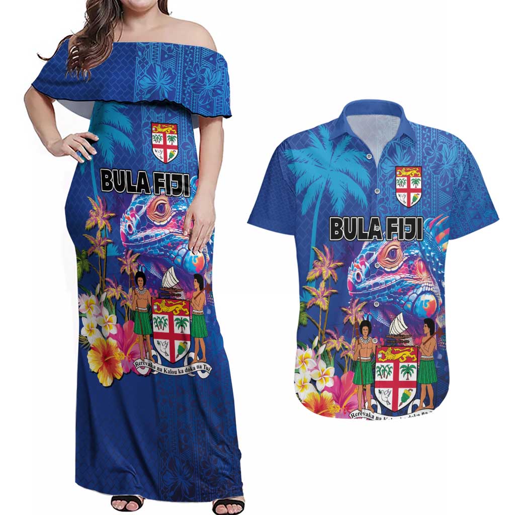 Fiji Bula Couples Matching Off Shoulder Maxi Dress and Hawaiian Shirt Tropical Plants with Palm Tree and Iguana Colorful LT03 Blue - Polynesian Pride