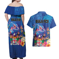 Fiji Bula Couples Matching Off Shoulder Maxi Dress and Hawaiian Shirt Tropical Plants with Palm Tree and Iguana Colorful LT03 - Polynesian Pride