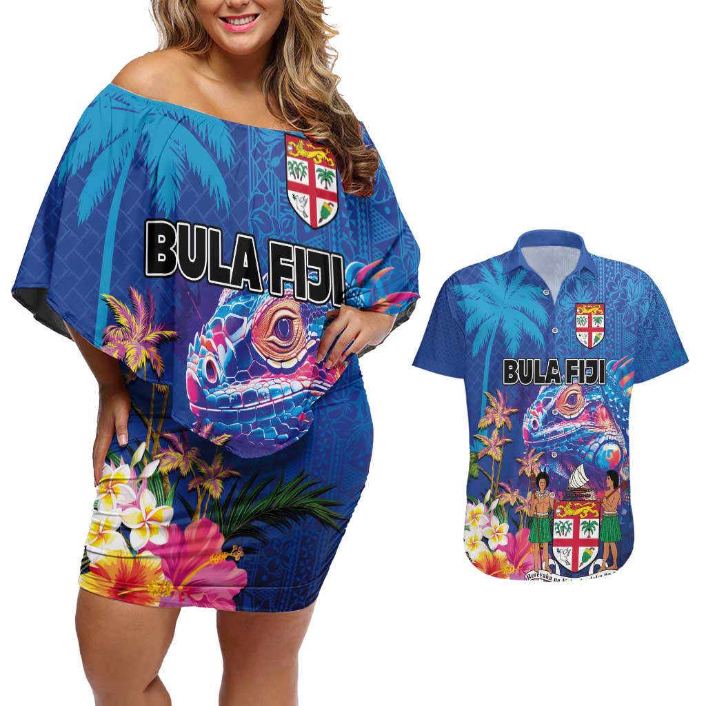 Fiji Bula Couples Matching Off Shoulder Short Dress and Hawaiian Shirt Tropical Plants with Palm Tree and Iguana Colorful LT03 Blue - Polynesian Pride
