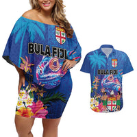 Fiji Bula Couples Matching Off Shoulder Short Dress and Hawaiian Shirt Tropical Plants with Palm Tree and Iguana Colorful LT03 Blue - Polynesian Pride