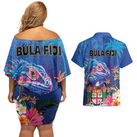 Fiji Bula Couples Matching Off Shoulder Short Dress and Hawaiian Shirt Tropical Plants with Palm Tree and Iguana Colorful LT03 - Polynesian Pride