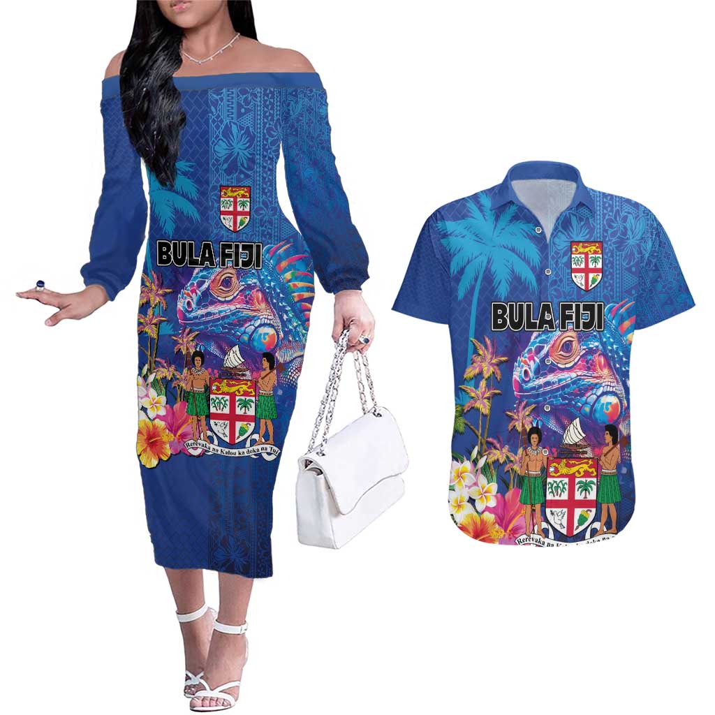 Fiji Bula Couples Matching Off The Shoulder Long Sleeve Dress and Hawaiian Shirt Tropical Plants with Palm Tree and Iguana Colorful