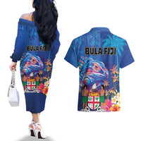 Fiji Bula Couples Matching Off The Shoulder Long Sleeve Dress and Hawaiian Shirt Tropical Plants with Palm Tree and Iguana Colorful LT03 - Polynesian Pride