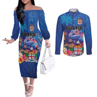 Fiji Bula Couples Matching Off The Shoulder Long Sleeve Dress and Long Sleeve Button Shirt Tropical Plants with Palm Tree and Iguana Colorful LT03 Blue - Polynesian Pride