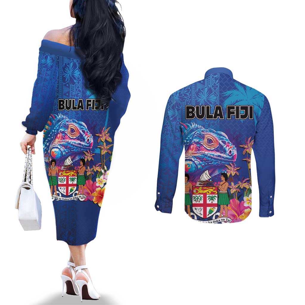 Fiji Bula Couples Matching Off The Shoulder Long Sleeve Dress and Long Sleeve Button Shirt Tropical Plants with Palm Tree and Iguana Colorful LT03 - Polynesian Pride