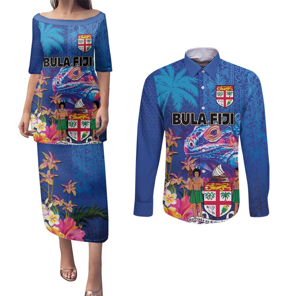 Fiji Bula Couples Matching Puletasi and Long Sleeve Button Shirt Tropical Plants with Palm Tree and Iguana Colorful LT03 Blue - Polynesian Pride