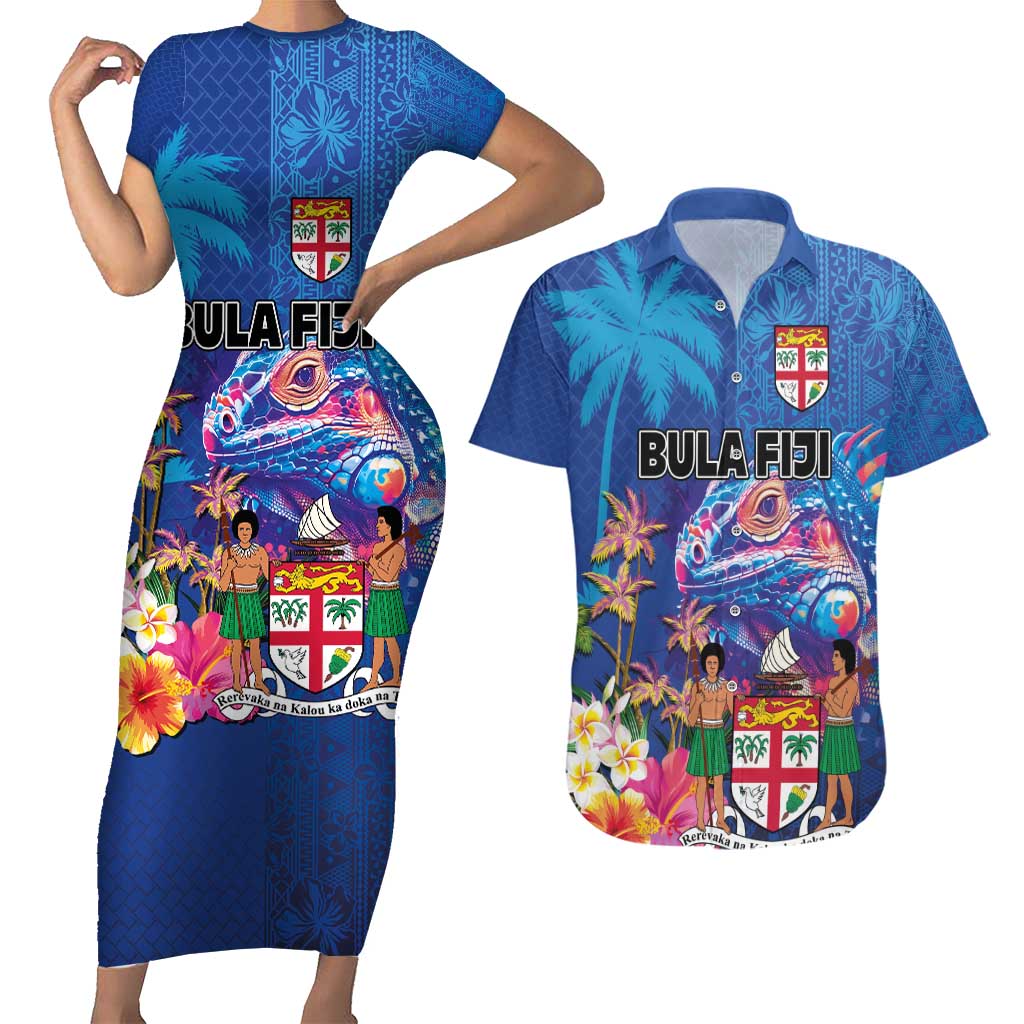 Fiji Bula Couples Matching Short Sleeve Bodycon Dress and Hawaiian Shirt Tropical Plants with Palm Tree and Iguana Colorful LT03 Blue - Polynesian Pride