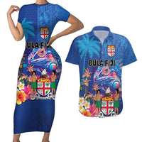 Fiji Bula Couples Matching Short Sleeve Bodycon Dress and Hawaiian Shirt Tropical Plants with Palm Tree and Iguana Colorful LT03 Blue - Polynesian Pride