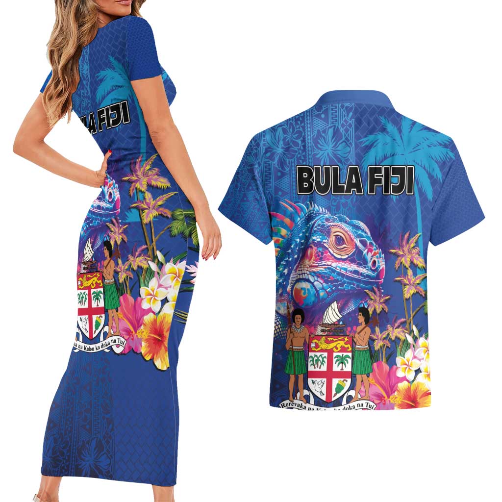 Fiji Bula Couples Matching Short Sleeve Bodycon Dress and Hawaiian Shirt Tropical Plants with Palm Tree and Iguana Colorful LT03 - Polynesian Pride