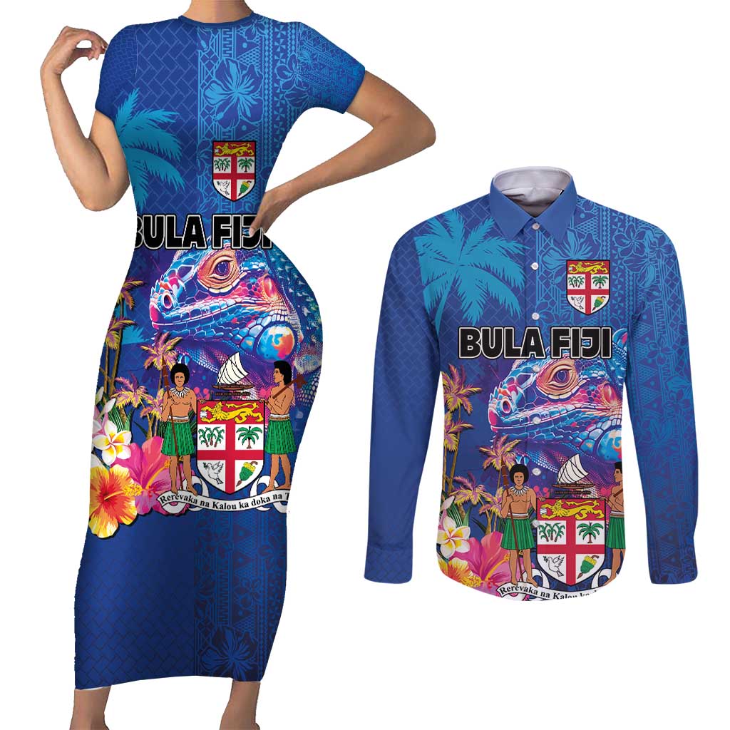 Fiji Bula Couples Matching Short Sleeve Bodycon Dress and Long Sleeve Button Shirt Tropical Plants with Palm Tree and Iguana Colorful LT03 Blue - Polynesian Pride