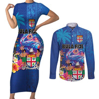 Fiji Bula Couples Matching Short Sleeve Bodycon Dress and Long Sleeve Button Shirt Tropical Plants with Palm Tree and Iguana Colorful LT03 Blue - Polynesian Pride