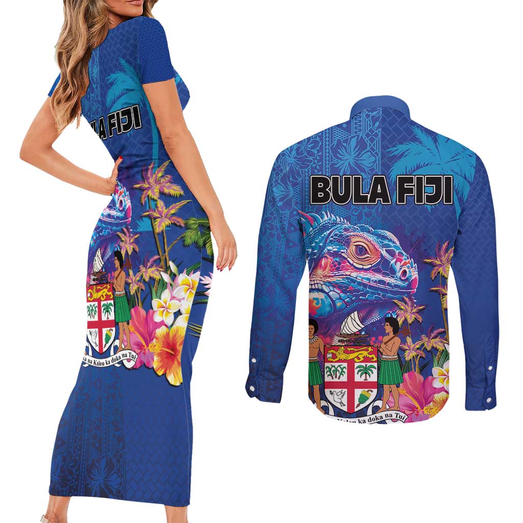 Fiji Bula Couples Matching Short Sleeve Bodycon Dress and Long Sleeve Button Shirt Tropical Plants with Palm Tree and Iguana Colorful LT03 - Polynesian Pride