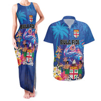 Fiji Bula Couples Matching Tank Maxi Dress and Hawaiian Shirt Tropical Plants with Palm Tree and Iguana Colorful LT03 Blue - Polynesian Pride