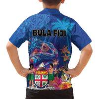 Fiji Bula Family Matching Long Sleeve Bodycon Dress and Hawaiian Shirt Tropical Plants with Palm Tree and Iguana Colorful LT03 - Polynesian Pride