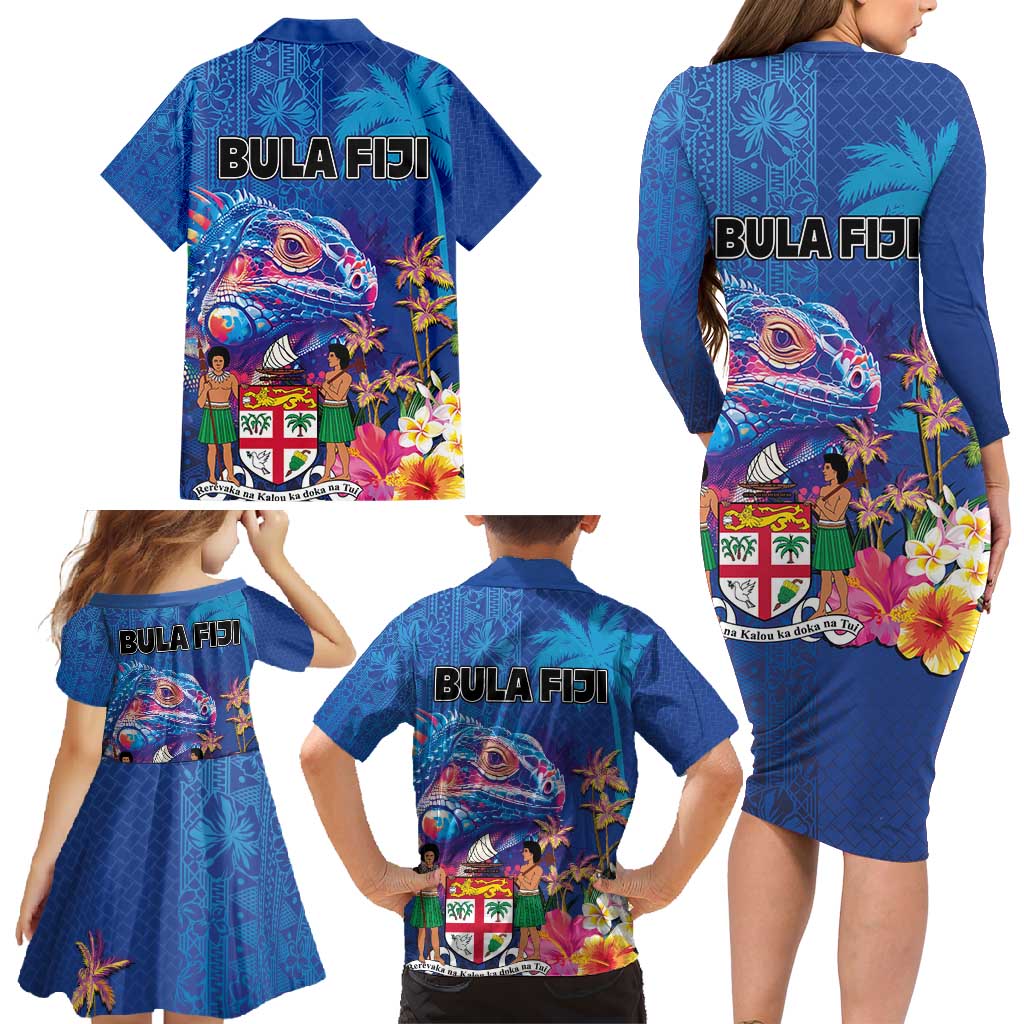 Fiji Bula Family Matching Long Sleeve Bodycon Dress and Hawaiian Shirt Tropical Plants with Palm Tree and Iguana Colorful LT03 - Polynesian Pride