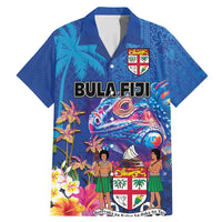 Fiji Bula Family Matching Mermaid Dress and Hawaiian Shirt Tropical Plants with Palm Tree and Iguana Colorful LT03 Dad's Shirt - Short Sleeve Blue - Polynesian Pride