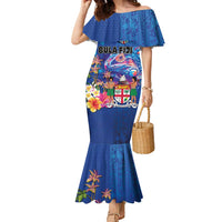 Fiji Bula Family Matching Mermaid Dress and Hawaiian Shirt Tropical Plants with Palm Tree and Iguana Colorful LT03 Mom's Dress Blue - Polynesian Pride