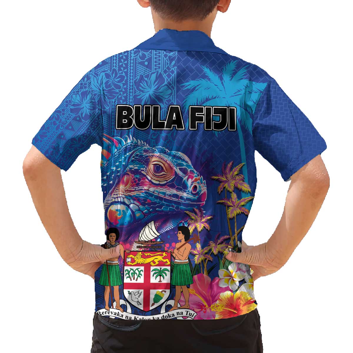 Fiji Bula Family Matching Off The Shoulder Long Sleeve Dress and Hawaiian Shirt Tropical Plants with Palm Tree and Iguana Colorful LT03 - Polynesian Pride