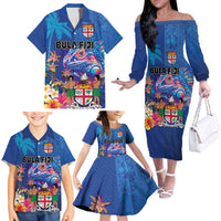 Fiji Bula Family Matching Off The Shoulder Long Sleeve Dress and Hawaiian Shirt Tropical Plants with Palm Tree and Iguana Colorful LT03 - Polynesian Pride