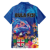 Fiji Bula Family Matching Off The Shoulder Long Sleeve Dress and Hawaiian Shirt Tropical Plants with Palm Tree and Iguana Colorful LT03 - Polynesian Pride