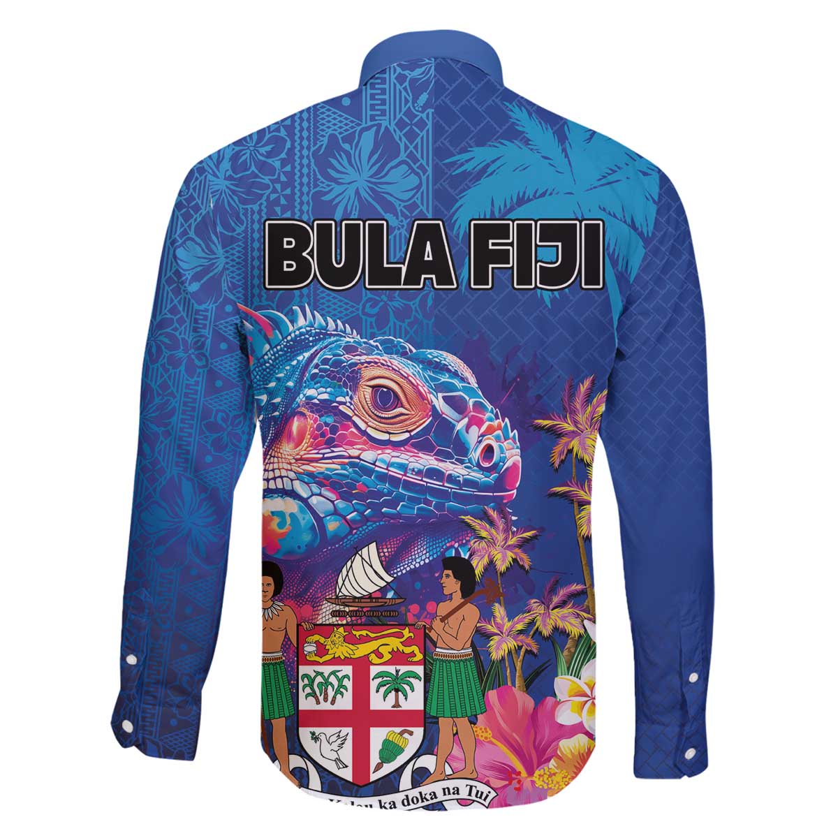Fiji Bula Family Matching Off The Shoulder Long Sleeve Dress and Hawaiian Shirt Tropical Plants with Palm Tree and Iguana Colorful LT03 - Polynesian Pride